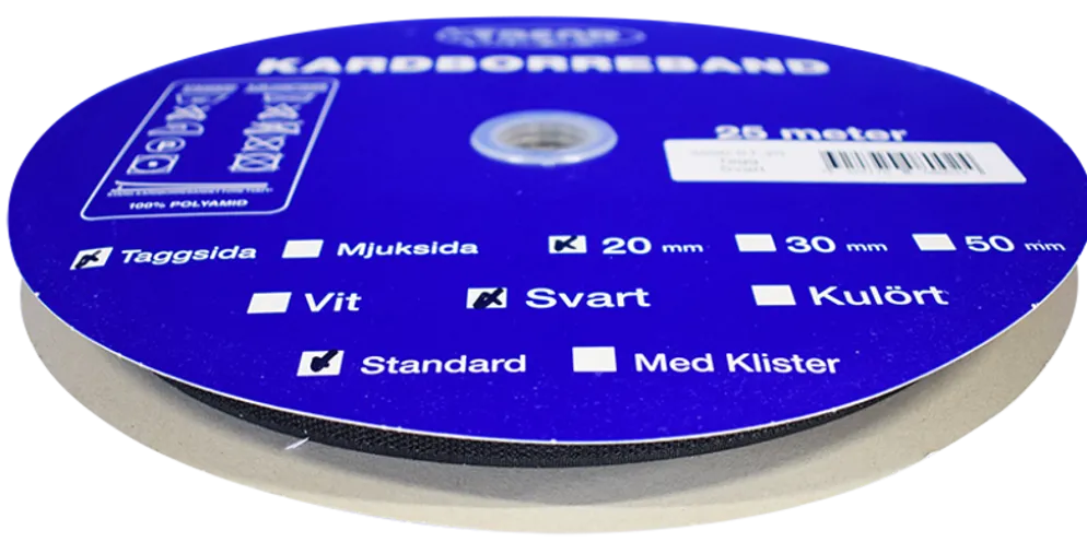 Kardborreband tagg svart 20mm - 25m rulle