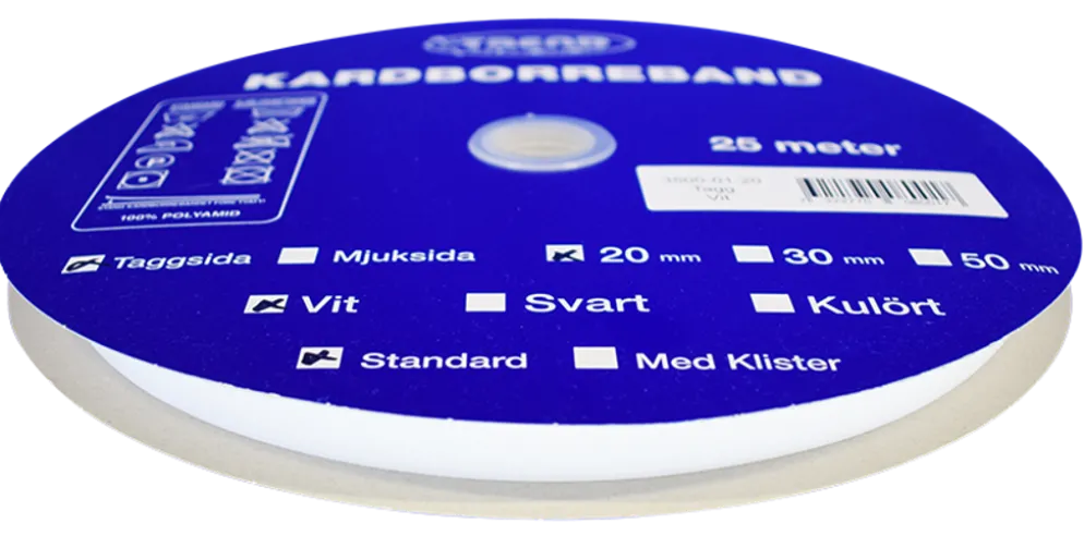 Kardborreband tagg vit 20mm - 25m rulle