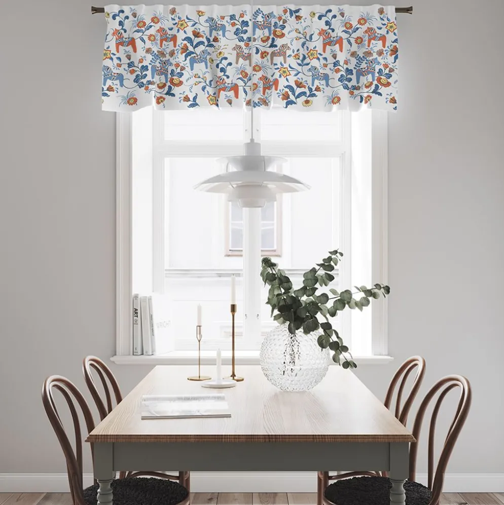 Leksand bård dalablå gardinkappa metervara med traditionellt dalahästtryck