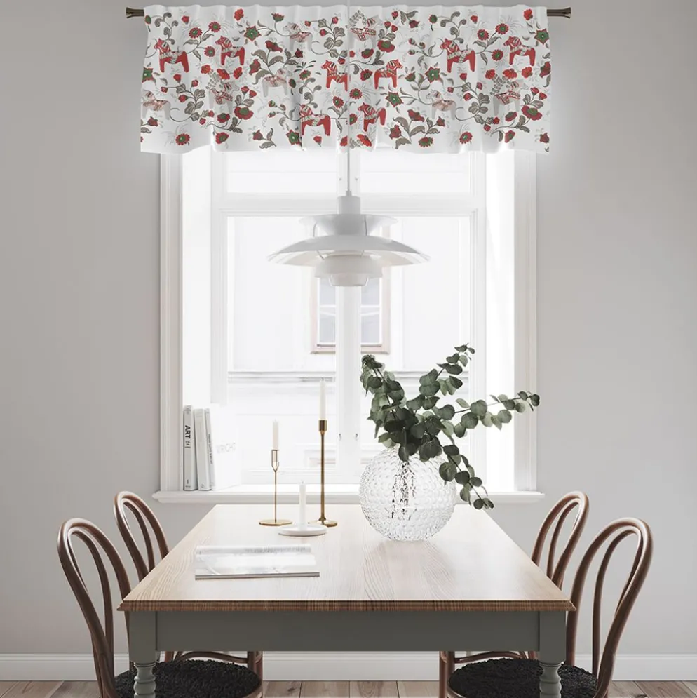 Leksand bård vit-röd gardinkappa metervara med traditionellt dalahästtryck