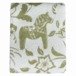 Leksand grön ullpläd 130x170 cm – dalahästar i 100% ull