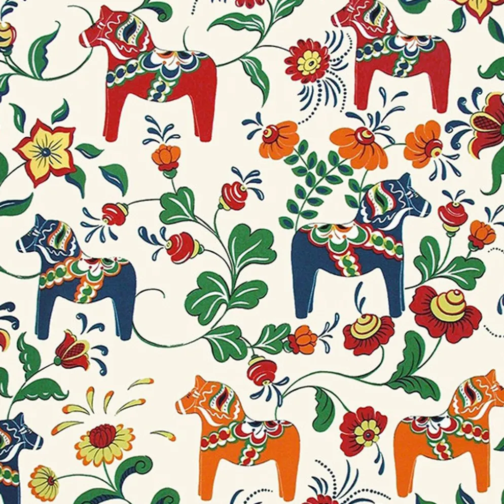 Leksand natur tyg med traditionellt dalahästtryck