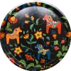 Leksand svart bricka rund med traditionellt dalahästmönster