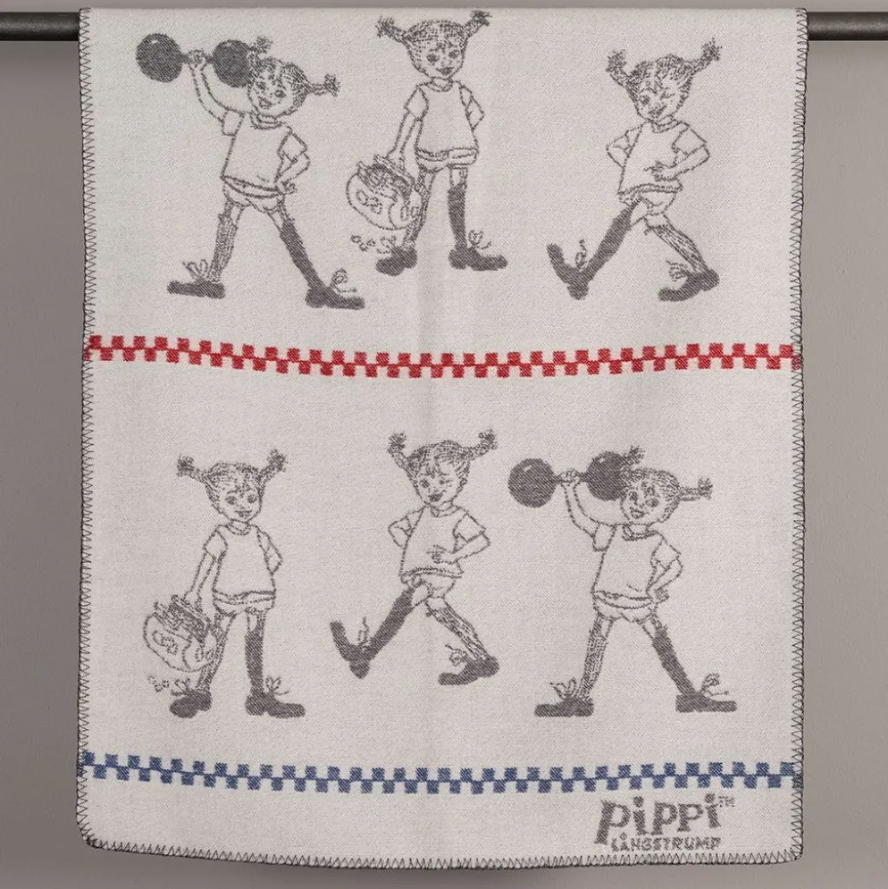 Pippi grå barnfilt i merinoull med Pippi Långstrump