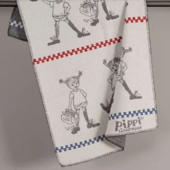 Pippi grå barnfilt i merinoull med Pippi Långstrump