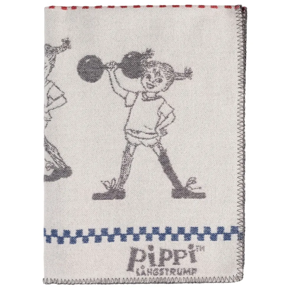 Pippi grå barnfilt i merinoull med Pippi Långstrump