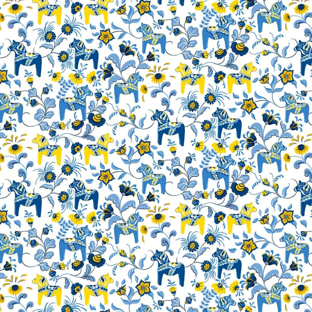 Textilvaxduk Leksand Sverige med traditionellt dalahästmönster